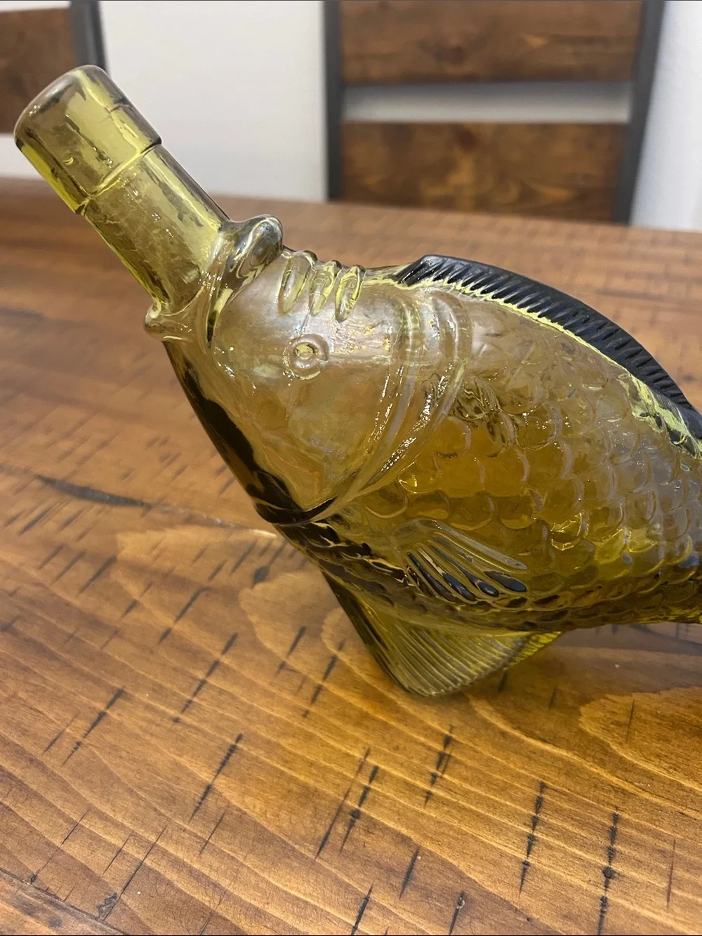 Vtg Art Glass Amber Fish Decanter Cork Barware Nautical Beach House 10”